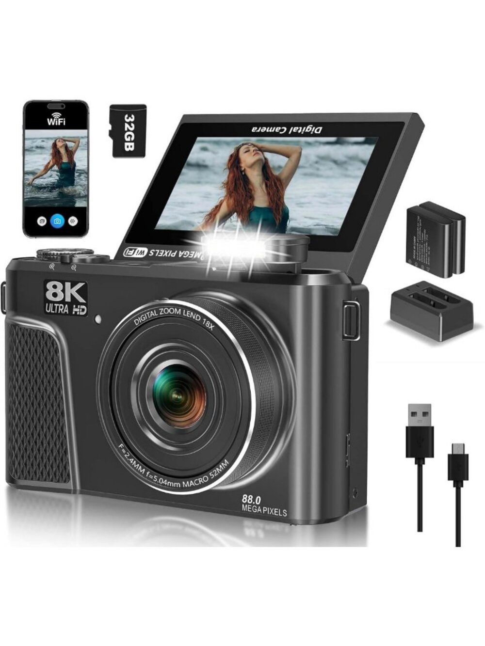 8K Digital Camera for Photography & Vlogging, WiFi Enabled, Perfect for YouTube